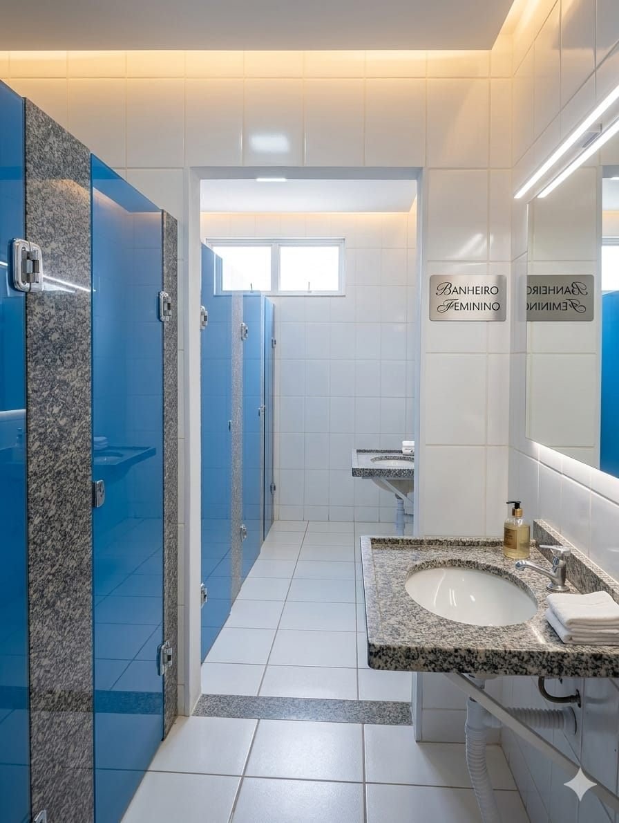 Banheiro coletivo com cabines individuais